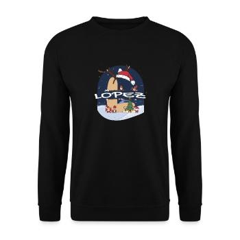 Toller Lopez-Name mit Weihnachtsmütze im Weihnachtsthema - Unisex Pullover - Schwarz - Vorne - Alina (178cm) & Michal (187cm)