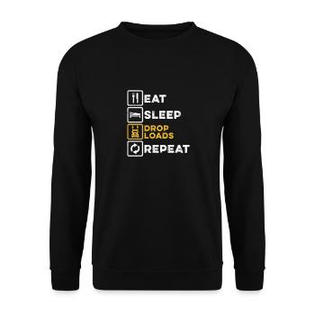 Essen, Schlafen, Wiederholung, LKW-Fahrer-Witz, Trucker-Spruch - Unisex Pullover - Schwarz - Vorne - Alina (178cm) & Michal (187cm)