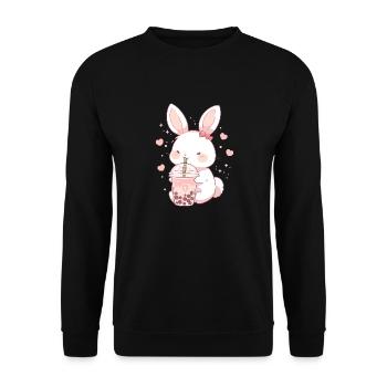 Kawaii Hase trinkt Boba Bubble Tea Chibi - Unisex Pullover - Schwarz - Vorne - Alina (178cm) & Michal (187cm)