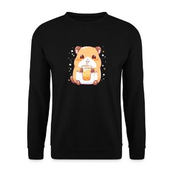 Kawaii Hamster trinkt Boba Bubble Tea Chibi - Unisex Pullover - Schwarz - Vorne - Alina (178cm) & Michal (187cm)