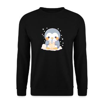 Kawaii Pinguin trinkt Boba Bubble Tea Chibi - Unisex Pullover - Schwarz - Vorne - Alina (178cm) & Michal (187cm)