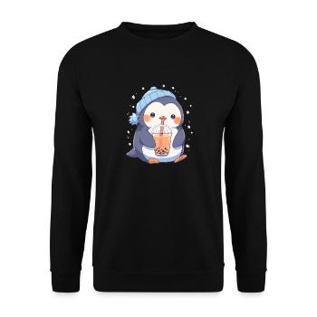 Kawaii Pinguin trinkt Boba Bubble Tea Chibi - Unisex Pullover - Schwarz - Vorne - Alina (178cm) & Michal (187cm)