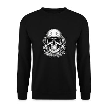 Motorrad im Retro-Stil - Totenkopf und Skelett - Unisex Pullover - Schwarz - Vorne - Alina (178cm) & Michal (187cm)