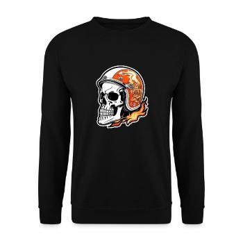 Motorrad im Retro-Stil - Totenkopf und Skelett - Unisex Pullover - Schwarz - Vorne - Alina (178cm) & Michal (187cm)
