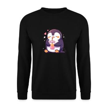 Kawaii Pinguin trinkt Boba Bubble Tea Chibi - Unisex Pullover - Schwarz - Vorne - Alina (178cm) & Michal (187cm)