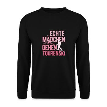 Tourenski Bergsteigen Wandern Geschenk Skitour Tou - Unisex Pullover - Schwarz - Vorne - Alina (178cm) & Michal (187cm)