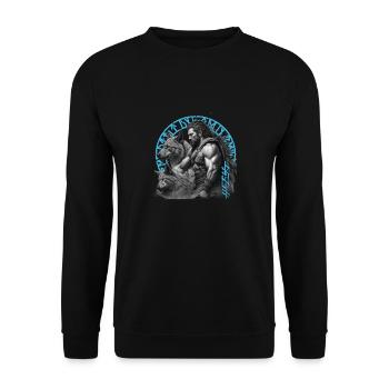 Der Wikinger Krieger und seine treuen Wölfe - Unisex Pullover - Schwarz - Vorne - Alina (178cm) & Michal (187cm)