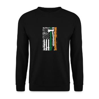 Irish American US Flagge Feuerwehrmann Axt Feuer - Unisex Pullover - Schwarz - Vorne - Alina (178cm) & Michal (187cm)