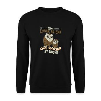 Owl Lover le jour, Owl Watcher la nuit Night Owls - Sweat-shirt Unisexe - noir - Devant - Alina (178cm) & Michal (187cm)