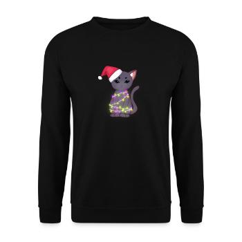 Niedliche schwarze Katze mit Weihnachtsmütze, Weihnachtslichter - Unisex Pullover - Schwarz - Vorne - Alina (178cm) & Michal (187cm)