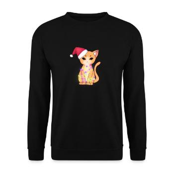 Niedliche orangefarbene Katze mit Weihnachtslichtern, Weihnachtsmütze - Unisex Pullover - Schwarz - Vorne - Alina (178cm) & Michal (187cm)