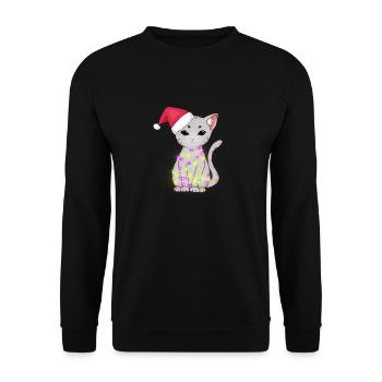 Niedliche graue Katze mit Weihnachtslichtern, Weihnachtsmütze - Unisex Pullover - Schwarz - Vorne - Alina (178cm) & Michal (187cm)