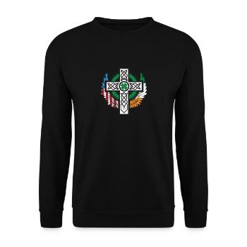 Irisch Amerikanisch USA Flagge Keltisches Kreuz - Unisex Pullover - Schwarz - Vorne - Alina (178cm) & Michal (187cm)