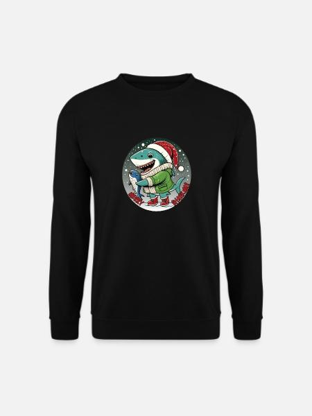 Weihnachtshai fängt einen Fisch, Merry Sharkmas - Unisex Pullover - Schwarz