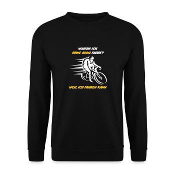 Warum ich ohne Akku fahre weil ich es kann - Unisex Pullover - Schwarz - Vorne - Alina (178cm) & Michal (187cm)