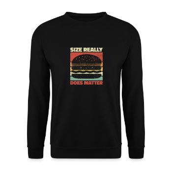 Auf die Größe kommt es wirklich an - Burger Humor Geschenk - Unisex Pullover - Schwarz - Vorne - Alina (178cm) & Michal (187cm)