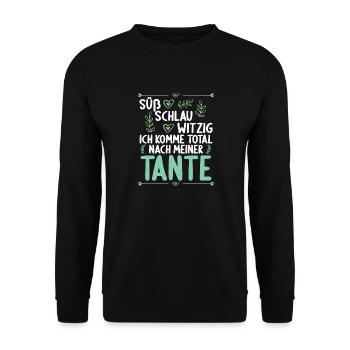 Ich komme total nach meiner Tante Nichte Neffe - Unisex Pullover - Schwarz - Vorne - Alina (178cm) & Michal (187cm)