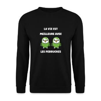 Oiseaux perruches humour petite perruche - Sweat-shirt Unisexe - noir - Devant - Alina (178cm) & Michal (187cm)