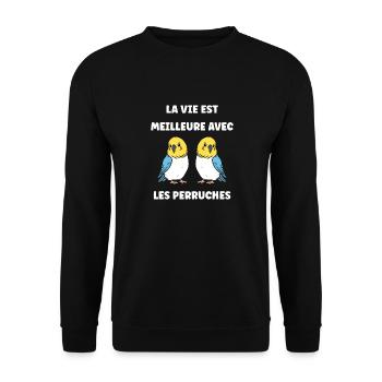 Oiseaux perruches humour petite perruche - Sweat-shirt Unisexe - noir - Devant - Alina (178cm) & Michal (187cm)