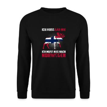 ICH MUSS GAR NIX ICH MUSS NUR NACH Norwegen Skandi - Unisex Pullover - Schwarz - Vorne - Alina (178cm) & Michal (187cm)