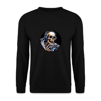 Skelett mit Gamecontroller und Kopfhörern - Unisex Pullover - Schwarz - Vorne - Alina (178cm) & Michal (187cm)