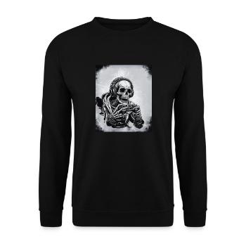 Skelett mit Gamecontroller und Kopfhörern - Unisex Pullover - Schwarz - Vorne - Alina (178cm) & Michal (187cm)