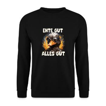 Lustige Ente mit Spruch - Unisex Pullover - Schwarz - Vorne - Alina (178cm) & Michal (187cm)