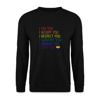 Ich sehe Akzeptieren Respekt Unterstützung Bewundern Lieben Sie LGBTQ - Unisex Pullover - Schwarz - Vorne - Alina (178cm) & Michal (187cm)