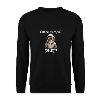 Langschläfer und Morgenmuffel grummelige Katze - Unisex Pullover - Schwarz - Vorne - Alina (178cm) & Michal (187cm)