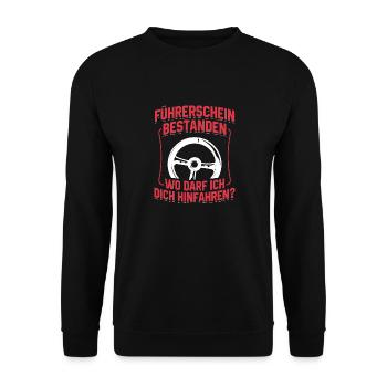 Driver's license passed, where can I drive you - Unisex Sweatshirt - black - Front - Alina (178cm) & Michal (187cm)