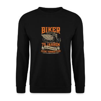 Biker 75. Geburtstag, 75 Jahre Motorradfahrer - Unisex Pullover - Schwarz - Vorne - Alina (178cm) & Michal (187cm)