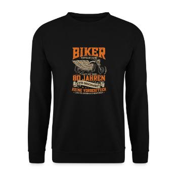 Biker 80. Geburtstag, 80 Jahre Motorradfahrer - Unisex Pullover - Schwarz - Vorne - Alina (178cm) & Michal (187cm)
