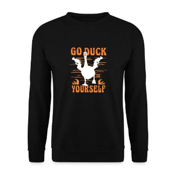 Fuck Yourself lustiger Erpel - Unisex Pullover - Schwarz - Vorne - Alina (178cm) & Michal (187cm)