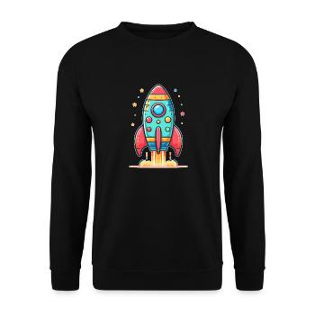 kindlich gestaltete Rakete - Unisex Pullover - Schwarz - Vorne - Alina (178cm) & Michal (187cm)