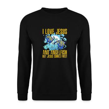 Ich liebe Jesus und den Kaiserfisch, aber Jesus steht an erster Stelle - Unisex Pullover - Schwarz - Vorne - Alina (178cm) & Michal (187cm)