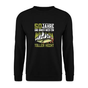 Angler 50 Jahre Angel Geschenk zum 50. Geburtstag - Unisex Pullover - Schwarz - Vorne - Alina (178cm) & Michal (187cm)