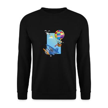 Junge in einem Heißluftballon und einem blauen Flugzeug - Unisex Pullover - Schwarz - Vorne - Alina (178cm) & Michal (187cm)