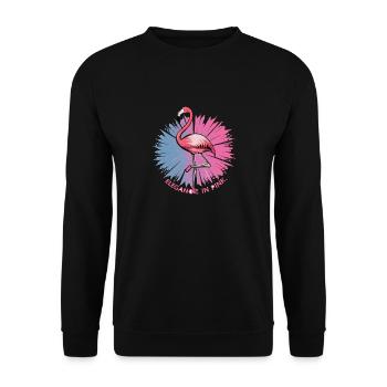 Ein Flamingo beim Ballett mit der Bildunterschrift "Eleganz - Unisex Pullover - Schwarz - Vorne - Alina (178cm) & Michal (187cm)