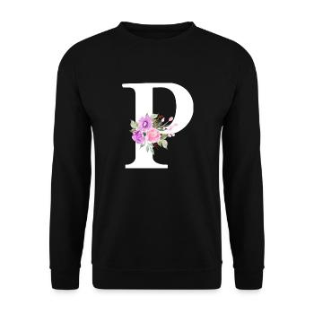 Lila Blumenbuchstabe p - Unisex Pullover - Schwarz - Vorne - Alina (178cm) & Michal (187cm)