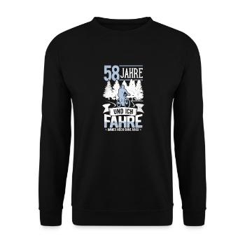 58. Geburtstag Fahrrad, Fahrradfahrer, 58 Jahre - Unisex Pullover - Schwarz - Vorne - Alina (178cm) & Michal (187cm)