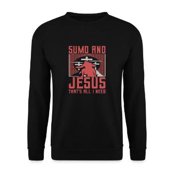Sumo und Jesus, das ist alles, was ich brauche - Unisex Pullover - Schwarz - Vorne - Alina (178cm) & Michal (187cm)