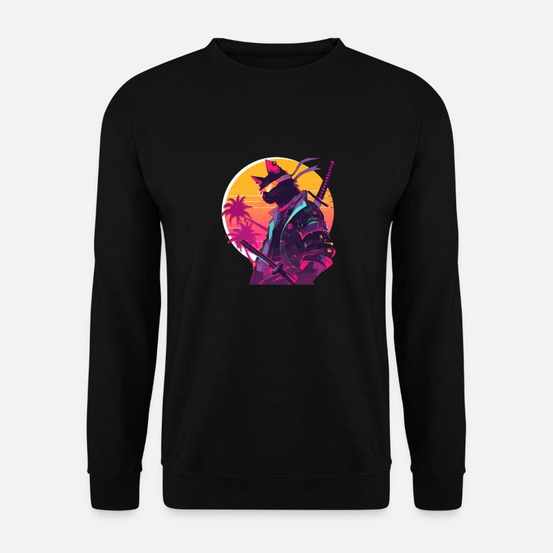 Cat Samurai 80er Vintage Stil - Unisex Pullover - Schwarz