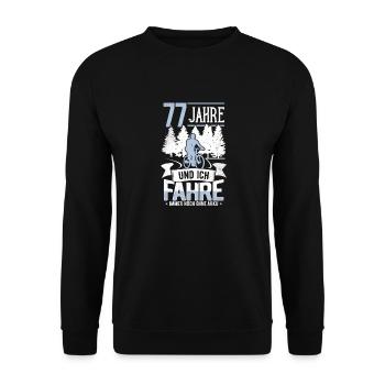 77. Geburtstag Fahrrad, Fahrradfahrer, 77 Jahre - Unisex Pullover - Schwarz - Vorne - Alina (178cm) & Michal (187cm)