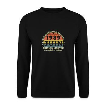 Anniversaire Millésime Fabriqué en Juin 1989 - Sweat-shirt Unisexe - noir - Devant - Alina (178cm) & Michal (187cm)