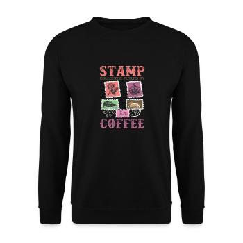 Caffeinated Philatelist: Powered by Coffee & Stamp - Unisex Pullover - Schwarz - Vorne - Alina (178cm) & Michal (187cm)