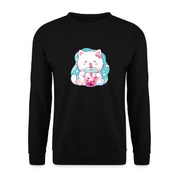Katze die Bubble Tee trinkt Boba and Cats Anime - Unisex Pullover - Schwarz - Vorne - Alina (178cm) & Michal (187cm)