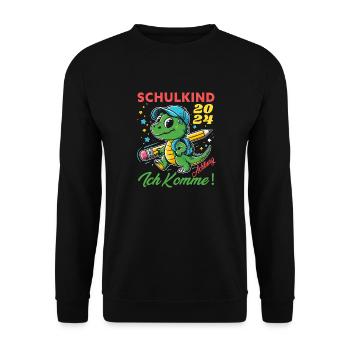 Einschulung Junge Geschenk Dino Achtung Ich Komme - Unisex Pullover - Schwarz - Vorne - Alina (178cm) & Michal (187cm)