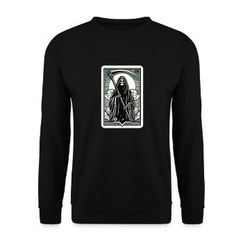 Tarotkarte Tod XIII, Tarot Karte Sensenmann - Unisex Pullover - Schwarz - Vorne - Alina (178cm) & Michal (187cm)