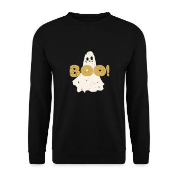 Retro vintage text Boo in gold. Halloween Ghost - Unisex Sweatshirt - black - Front - Alina (178cm) & Michal (187cm)