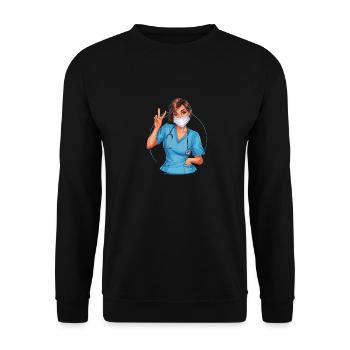 Lustige Krankenschwester mit Humor - Unisex Pullover - Schwarz - Vorne - Alina (178cm) & Michal (187cm)